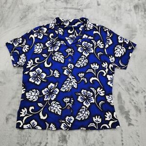 Vintage 90s Hibiscus Collection Shirt Womens L Blue White Floral Hawaiian Casual